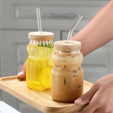 Taooba-350ml Glass Cups With Lid and Straw Mason Jar Clear Juice Milk Cup With Bamboo Lids Drinkware Simple Stripe Juice Milk Mocha Cup