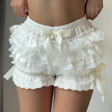 Taooba-Women Y2k Lace Splice Shorts Layered Bodycon Ruffle Elastic Waist Shorts Bow Sweet Cute Mini Short Pants Streetwear