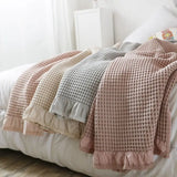 Taooba 100% Cotton Soft Bed Plaid Home Japenese Knitted Blanket Corn Grain Waffle Embossed Summer Ruffles Warm Plaid Throw Bedspread