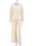 Taooba Linad Khaki Pure Cotton Sleepwear V Neck Single Breasted Wide Leg Pants Trouser Suits Drop Sleeves Set Woman 2 Pieces Loungewear