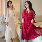 Taooba-Ice Silk Nightgown Female Summer Sexy Lace Hollowed Out Long Dress Palace Style Home Clothes Solid Color Satin V-Neck Nightdress