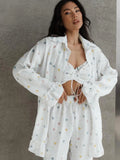 Taooba Linad Loose Women's Home Clothes 3 Piece Sets Print Long Sleeve Pajamas Female Bra Cotton Suits With Shorts Summer Sleepwear