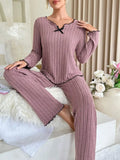 Taooba Women Autumn Winter Sleepwear Ribbed Pajamas Set Long Sleeve Top and Long Pants 2 Piece Set Casual Homewear Loungewear