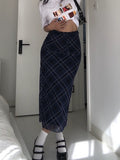 Taooba- Y2k Plaid Long Skirt Low Waist Slim Women Streetwear Gyaru Mesh Patchwork Straight Maxi Skirt Autumn Fashion Girl