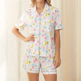 Taooba-Women Trend Two Piece Pajama Set Leaves Print Short Sleeve Button Closure Shirt with Shorts Sleepwear Loungewear