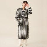 Taooba Christmas Gift Thickened Flannel Robe Pants Pajamas Set Autumn Winter New Couple Coral Velvet Women Men Bathrobe Striped Lengthed Home Clothes