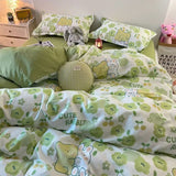 Cute Bear Bedding Set Green Flowers Cartoon Printed Single Double Size Boys Girls Duvet Cover Sheet Pillowcase Kit Young