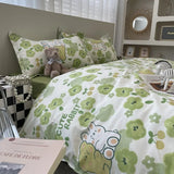 Cute Bear Bedding Set Green Flowers Cartoon Printed Single Double Size Boys Girls Duvet Cover Sheet Pillowcase Kit Young