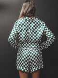 Taooba-Women Pajama Set Loungewear Checkerboard Print Long Sleeve V-Neck Shirt with Elastic Waist Shorts 2 Pieces Sleepwear