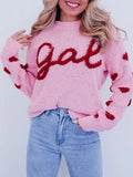 Taooba-Valentines Day Heart Printing Sweater for Women Long Sleeve Round Neck Letter Embroidered Knitted Pullover Jumper