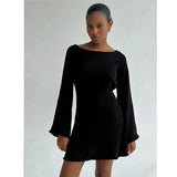 Taooba-Long-sleeved knitted backless sexy dress autumn and winter 2023 bell-sleeved tight holiday skirt basic style simple sexy fashion