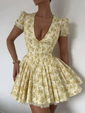 Taooba Lemon Bloom V-Neck Mini Dress