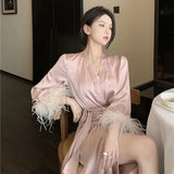 Taooba Women Clothing Wedding Dress Pijama Pink Long Sleeve Spring Sexy Long Nightgown Silk Chic Feather Casual Home Robes for Women