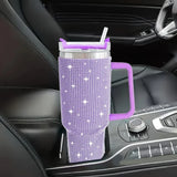 1pc Sparkling Studded Tumbler With Lid 40oz Stainless Steel Insulated Water Bottle With Handle Portable Drinking Cup For Car