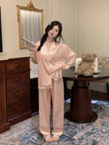 Taooba Christmas Outfit Spring Autumn New Ice Silk Soft Pajama Sets for Women Lace Lapel Cardigan Outfits for Women 2 Piece Set Sweet Pink Women Pajama