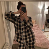 Taooba Christmas Outfit Ins Japanese Casual Pajamas Women's Autumn Thin Girl's Home Lapel Cardigan Two-piece Set Fashion Plaid Pyjamas Women Homewear