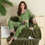 Taooba Christmas Gift Women Pajamas Set Large Collar Green Cardigan Home Wear Two-Piece Long-Sleeved Outside Ladies Ice Silk Sleepwear Spring Autumn