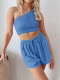 Taooba-Women’s Casual 2 Piece Going Out Outfits Sleeveless One Shoulder Smocked Crop Tops + Tie up Shorts Sets Summer Tracksuits