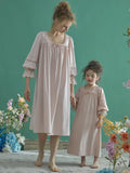 Taooba Vintage Princess Soft Cotton Half Sleeve Parent-child Matching Nightgowns Spring Autumn Sweet Kid's Lace Sleepwear