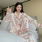 Taooba Christmas Outfit Women's Pajamas Sets Spring Autumn 2 Piece Print Heart Pyjama Faux Silk Satin Sleepwear Long Sleeve Pijama Mujer Pjs Homewear