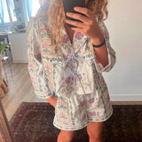 Taooba 2 Piece Vintage Oufits Indie Graphic Print Front Tie Up Bowknot Full Sleeve Blouse T-shirt + Shorts Fairy Cottage Y2K Streetwear