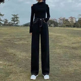 Taooba-Spring Autumn New Fashion High Waist Pocket Solid Color Wide Legs Casual Versatile Western Commuting Loose Clothing Women Pants