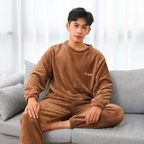 Thickened Warm Men Coral Velvet Pajamas Autumn Winter Homewear Long-Sleeved Long Trousers Solid Soft Sleepwear 2PCS/Set Couple