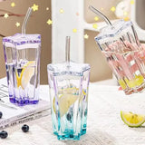 1set Glass Cup with Straw and Lid Five-Pointed Star Glass Color Gradient Mug Cold Drink Ice Coffee Mug Drinkware Desktop Decor