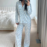 Taooba Y2K Vintage Print Button Up Long Sleeve Blouse T-shirt Tops + Pants Women Pajamas Cute 2 Piece Set Home Loungewear Sleepwear