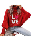 Taooba-2024 New Women Love Sweaters Turtleneck Long Sleeve Heart Knitted Pullover Love Heart Valentines Day Sweater