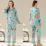 Taooba Women's Pajamas Sets Spring Autumn 2 Piece Flamingo Print Pyjama Faux Silk Satin Sleepwear Long Sleeve Pijama Mujer Pjs Homewear