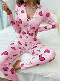 Taooba-Valentines Day Women Sexy Bodycon One Body Pajama Heart Print Long Sleeve Button V Neck Jumpsuit 1Piece Romper Sleepwear