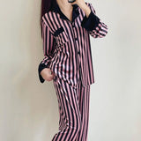 Taooba Women's Pajamas Sets Spring Autumn 2 Piece Striped Pyjama Faux Silk Satin Sleepwear Long Sleeve Button Pijama Mujer Pjs Homewear