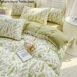 Green Pastoral Floral Leaves Duvet Cover with Pillow Case, Bed Sheet, Kids, Girls Bedding Set, King and Queen Bed Linen, Ins