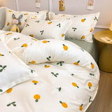 Ins Style Duvet Cover Set with Flat Sheet Pillowcases Cute Orange Cherry Crow Printed Single Double Queen Size Girls Bedding Kit