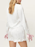 Taooba-Women y2k Cute Satin Comfy Pajama Set Long Sleeve Tie-up Contrast Color Shirt with Shorts Sleepwear Loungewear