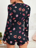 Taooba-Women Lips Heart Print Pajamas Romper Short Sleeve Deep V Neck Button Up Jumpsuit Shorts Loungewear