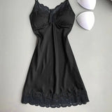 Taooba Christmas Outfit Women Sexy Lingerie Summer Silk Night Gown Lace Patchwork Mini Night Dress Spaghetti Strap Sleepwear Ladies With Chest Pads