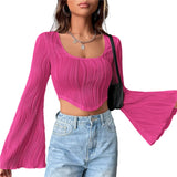 Taooba-Textured Crop Top 2000s Aesthetic Women Long Sleeve Scoop Neck Hanky Hem Solid Color Slim Fit T-Shirt y2k Clothing Streetwear