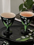 Creative Lily of The Valley Cup Orchid Gift Set Flower Pattern Plate Vintage Black Ceramic Plate Crooked Ceramic Wine Cup