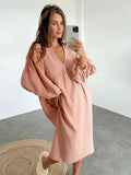 Taooba Linad Lantern Sleeve Night Dress Women Loose V Neck Sleepwear 2022 Autumn Cotton Woman Dresses Casual Pajamas Solid Elegant