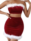 Taooba-Women's Christmas Skirt Outfits Contrast Color Crop Tube Tops + Bodycon Mini Skirt Lingerie