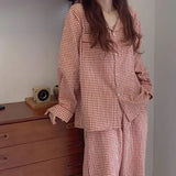 Taooba Christmas Outfit Korean Version Plaid Pajama Women Long Sleeve Sleepwear Spring Thin Loungewear Plus Size Red Nightwear Lapel Casual Homewear Set