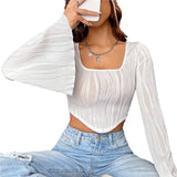 Taooba-Textured Crop Top 2000s Aesthetic Women Long Sleeve Scoop Neck Hanky Hem Solid Color Slim Fit T-Shirt y2k Clothing Streetwear