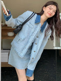 Taooba-2-Piece Set for Women Half Skirts Sets Turn Down Collar Patchwork Coat Mini Skirt Fashion Female Denim Suit Autumn Winter New