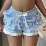 Taooba-Women Y2k Lace Splice Shorts Layered Bodycon Ruffle Elastic Waist Shorts Bow Sweet Cute Mini Short Pants Streetwear