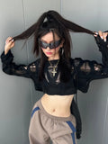 Taooba- Sexy Streetwear Crop Black T Shirts Women Y2k Hollow Knitted Cropped Mesh Top Female Goth 2000s Shirts Kpop Chic Tees