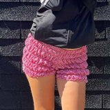 Taooba Cottage Plaid Print Shorts Low Rise Frill Tiered Slim Fit Short Pants 90s Vintage Folds Lounge Shorts E-girl Kawaii Streetwear