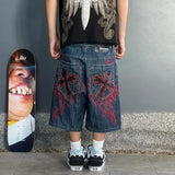 Taooba-Y2K Vintage New Gothic Cross Graphic Printing Baggy Denim Shorts Fashion Harajuku Casual High Waist Wide Leg Shorts Streetwear