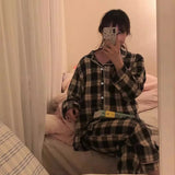 Taooba Christmas Outfit Ins Japanese Casual Pajamas Women's Autumn Thin Girl's Home Lapel Cardigan Two-piece Set Fashion Plaid Pyjamas Women Homewear